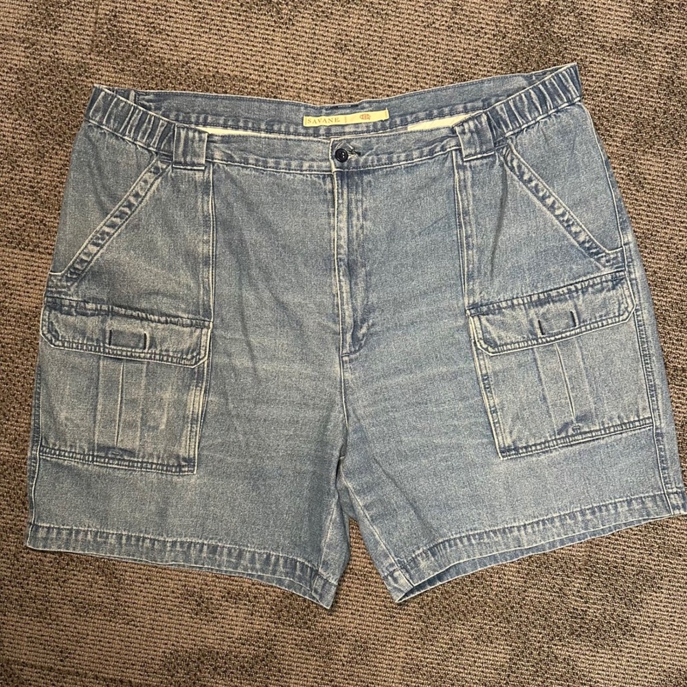Savane Mens Light Wash Denim Cargo Shorts Size 44 Elastic Waist Cotton SCSB0088